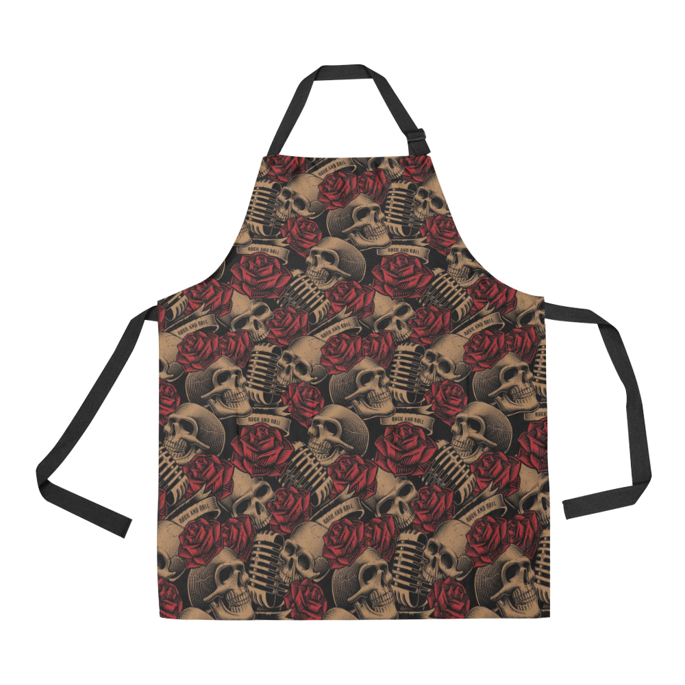 Microphone Skull Rose Pattern Print Design 02 Apron with Pocket