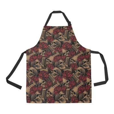 Microphone Skull Rose Pattern Print Design 02 Apron with Pocket