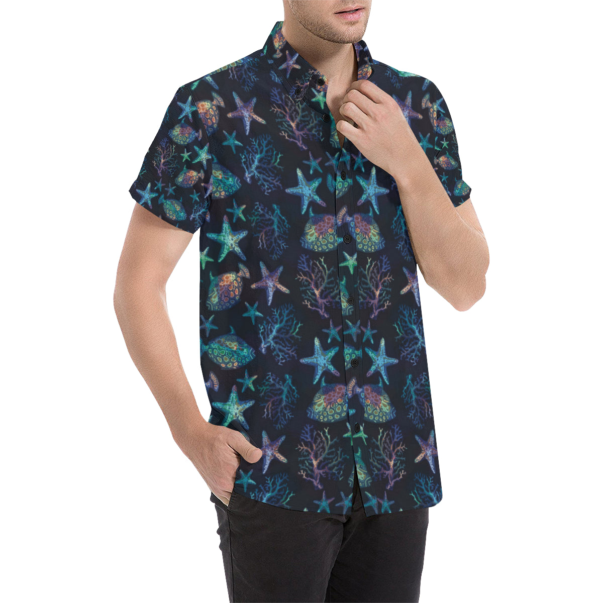 Starfish Pattern Print Design 01 Men's Short Sleeve Button Up Shirt