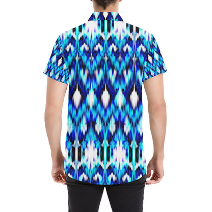 Ikat Blue Pattern Print Design 01 Men's Short Sleeve Button Up Shirt