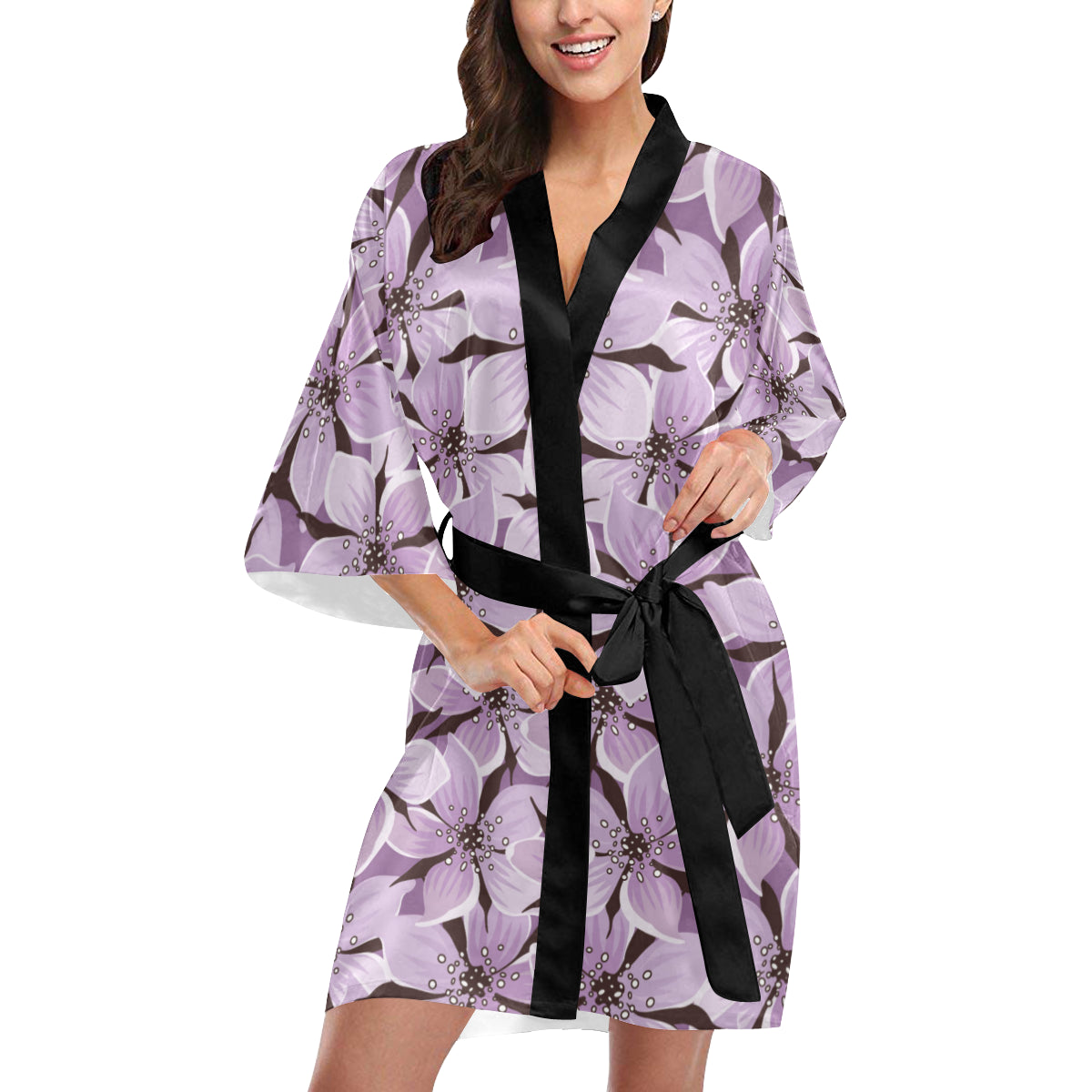Lilac Pattern Print Design 01 Women's Short Kimono
