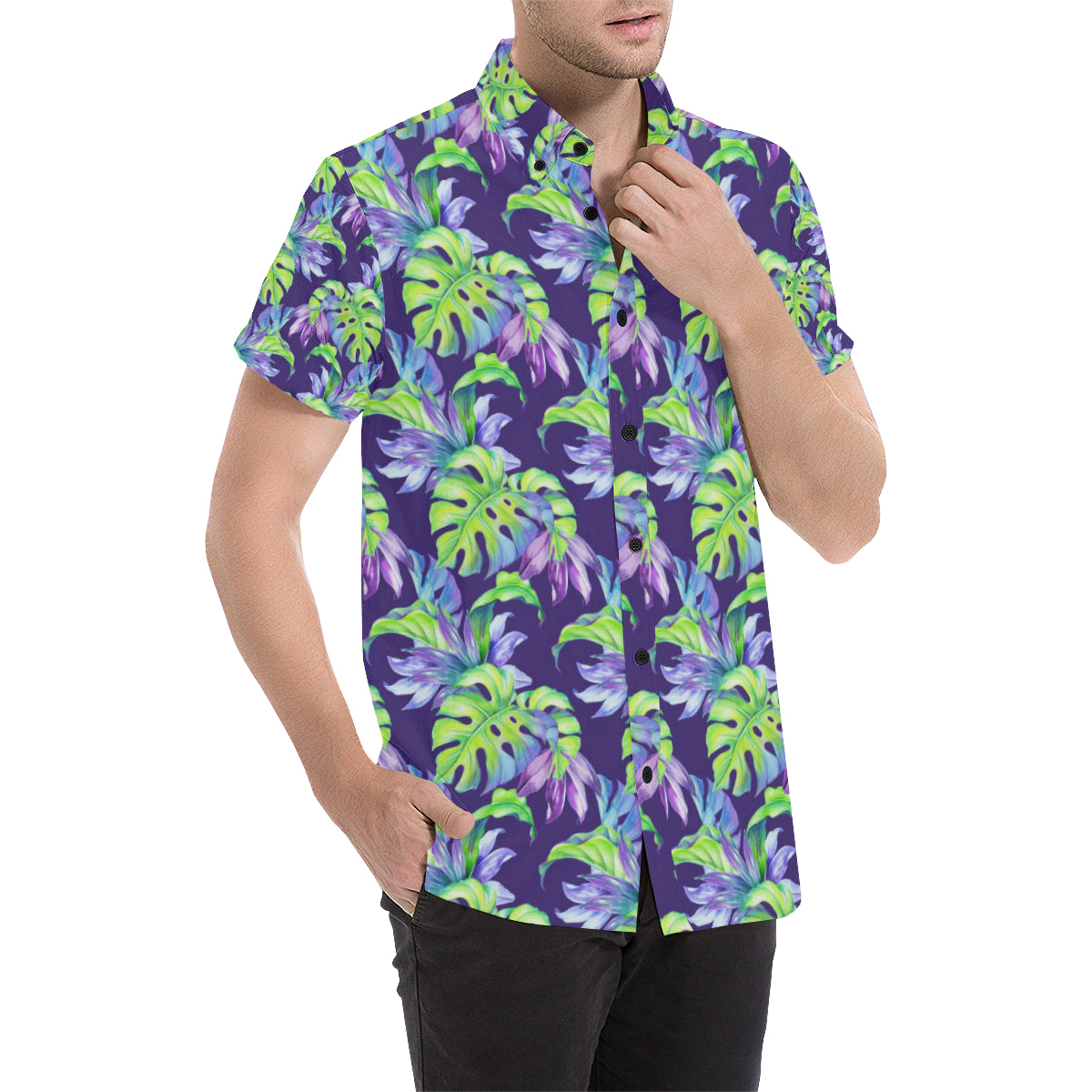 Tropical Flower Pattern Print Design TF019 Men's Short Sleeve Button Up Shirt