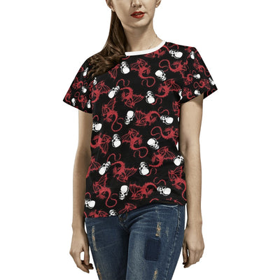 Skull With Red Dragon Print Design LKS304 Women's  T-shirt