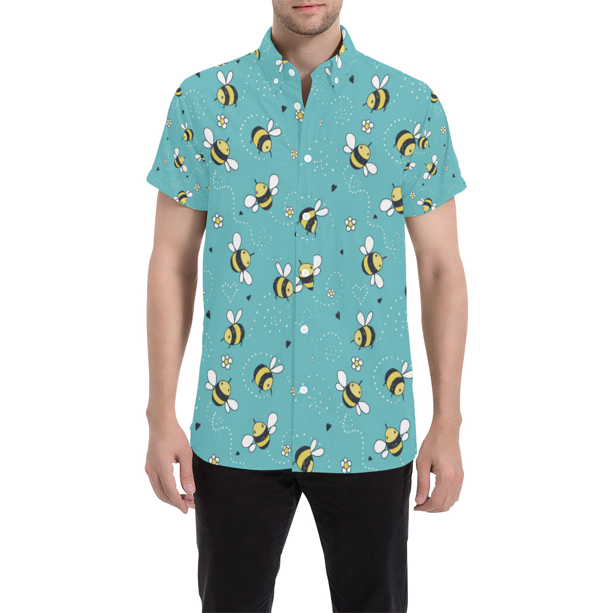 Bee Pattern Print Design BEE02 Men's Short Sleeve Button Up Shirt