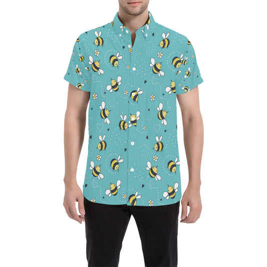 Bee Pattern Print Design BEE02 Men's Short Sleeve Button Up Shirt
