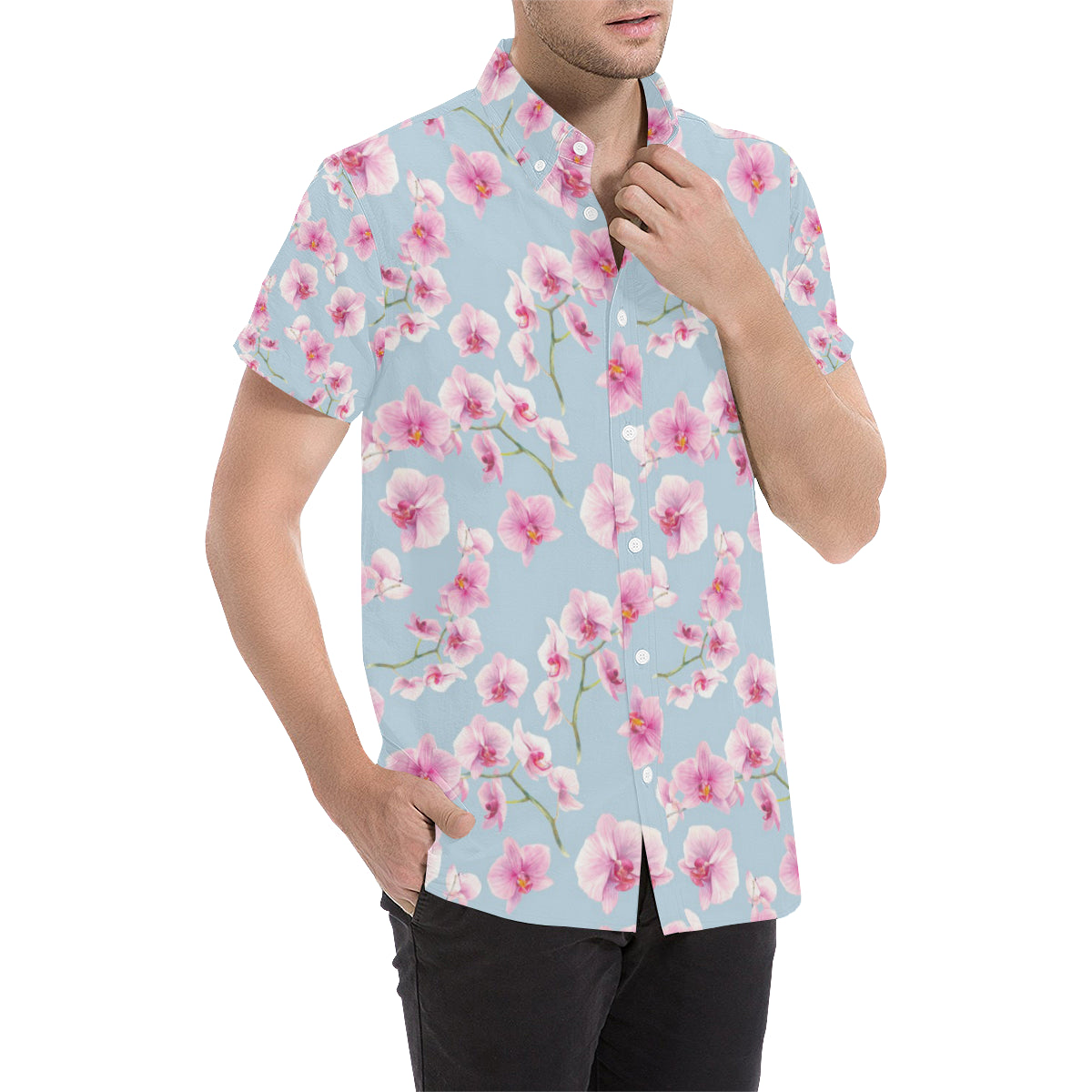 Orchid Pink Pattern Print Design OR01 Men's Short Sleeve Button Up Shirt