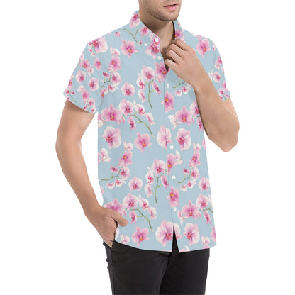 Orchid Pink Pattern Print Design OR01 Men's Short Sleeve Button Up Shirt