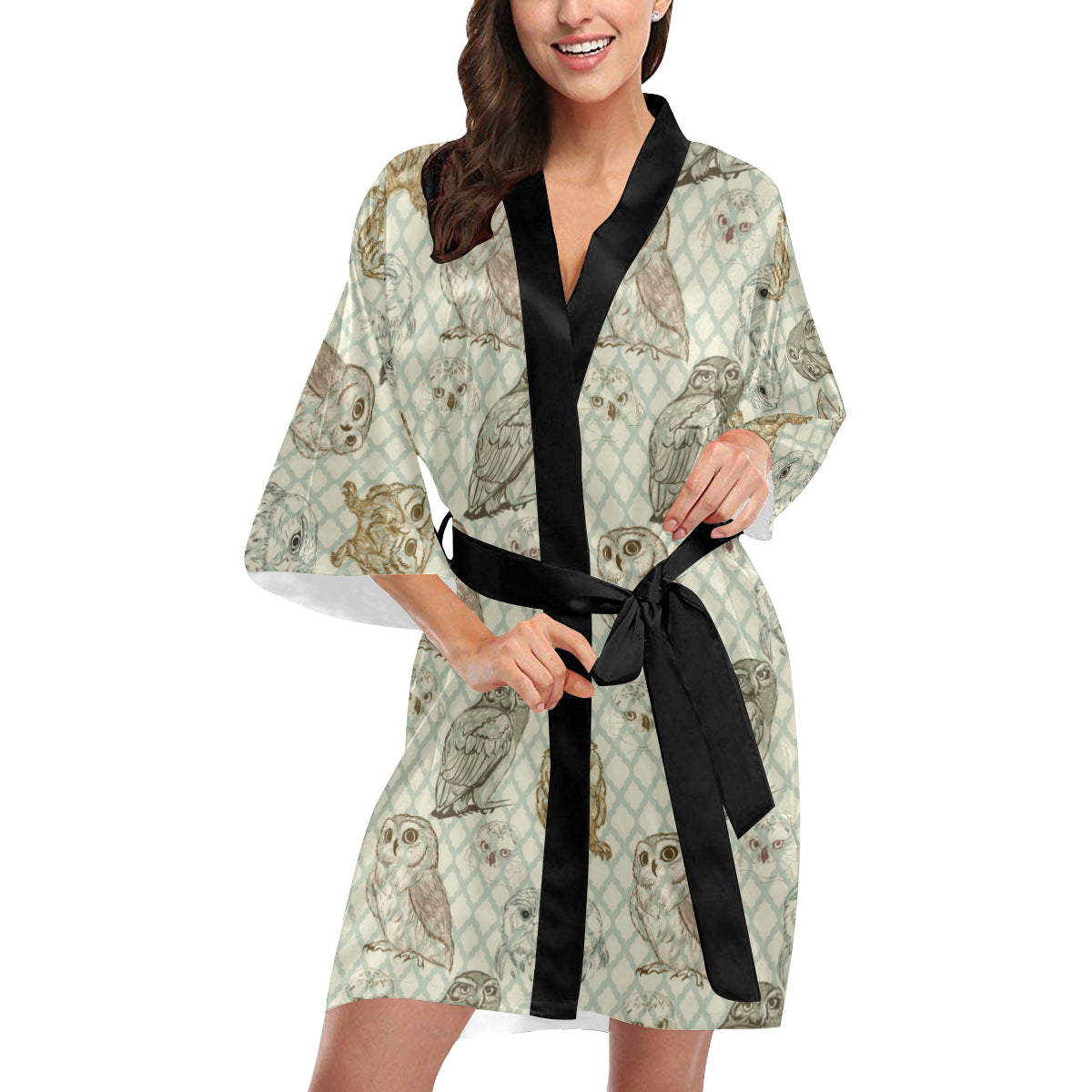 Owl Pattern Print Design A03 Women's Short Kimono