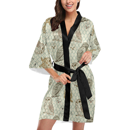 Owl Pattern Print Design A03 Women's Short Kimono