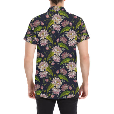 lotus Embroidered Pattern Print Design LO06 Men's Short Sleeve Button Up Shirt