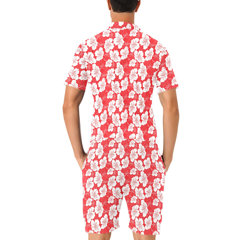 Flower Hawaiian Hibiscus Red Background Print Men's Romper