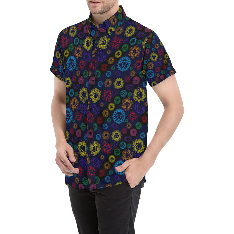 Chakra Colorful Print Pattern Men's Short Sleeve Button Up Shirt