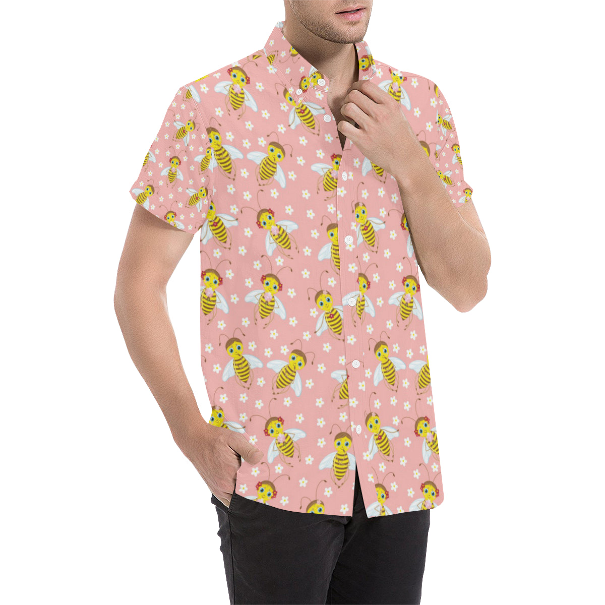 Bee Pattern Print Design BEE07 Men's Short Sleeve Button Up Shirt