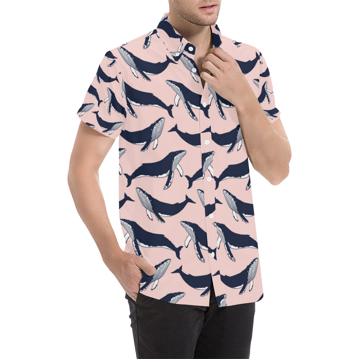 Humpback Whale Pattern Print Design 02 Men's Short Sleeve Button Up Shirt