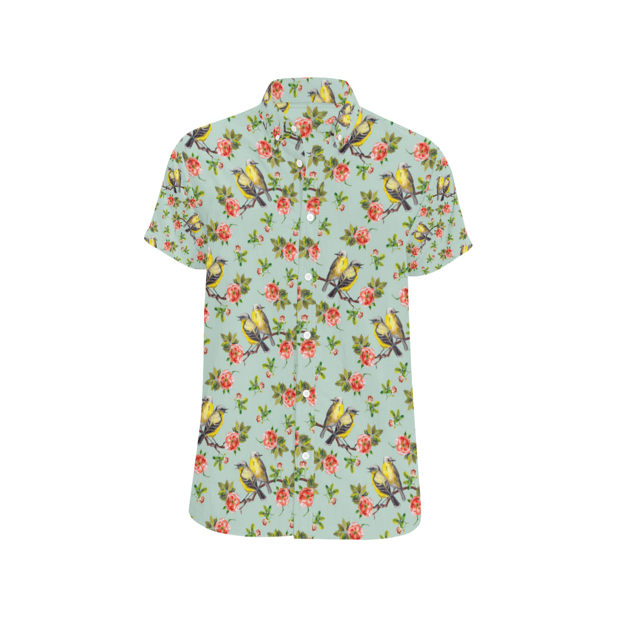 Bird with Red Flower Print Pattern Men's Short Sleeve Button Up Shirt