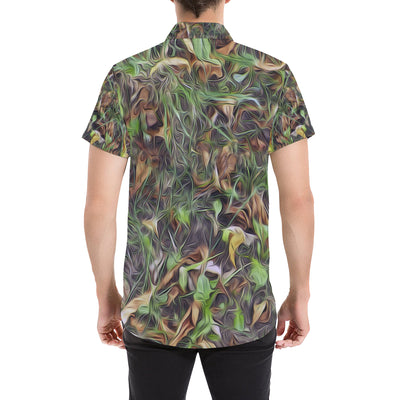 Camouflage Realistic Tree Print Men's Short Sleeve Button Up Shirt