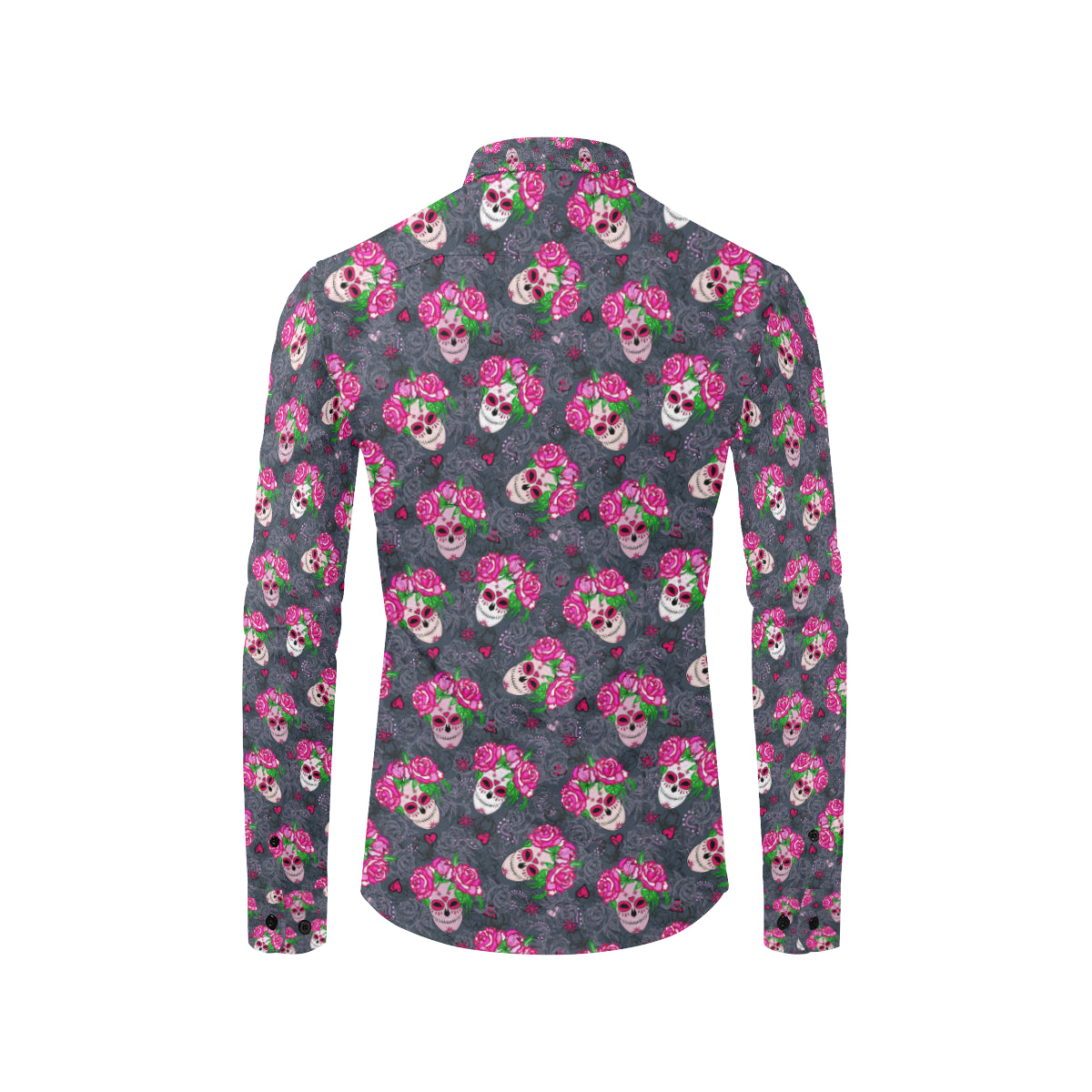 Sugar Skull Pink Rose Themed Print Men's Long Sleeve Shirt
