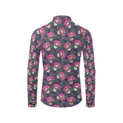 Sugar Skull Pink Rose Themed Print Men's Long Sleeve Shirt