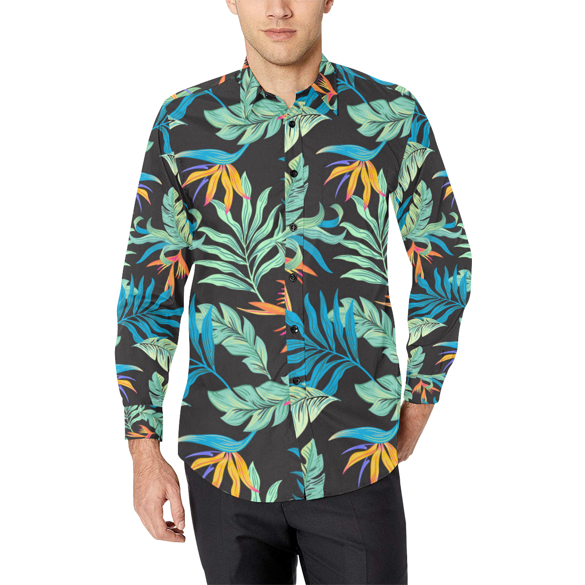 Tropical Palm Leaves Hawaiian Flower Men's Long Sleeve Shirt