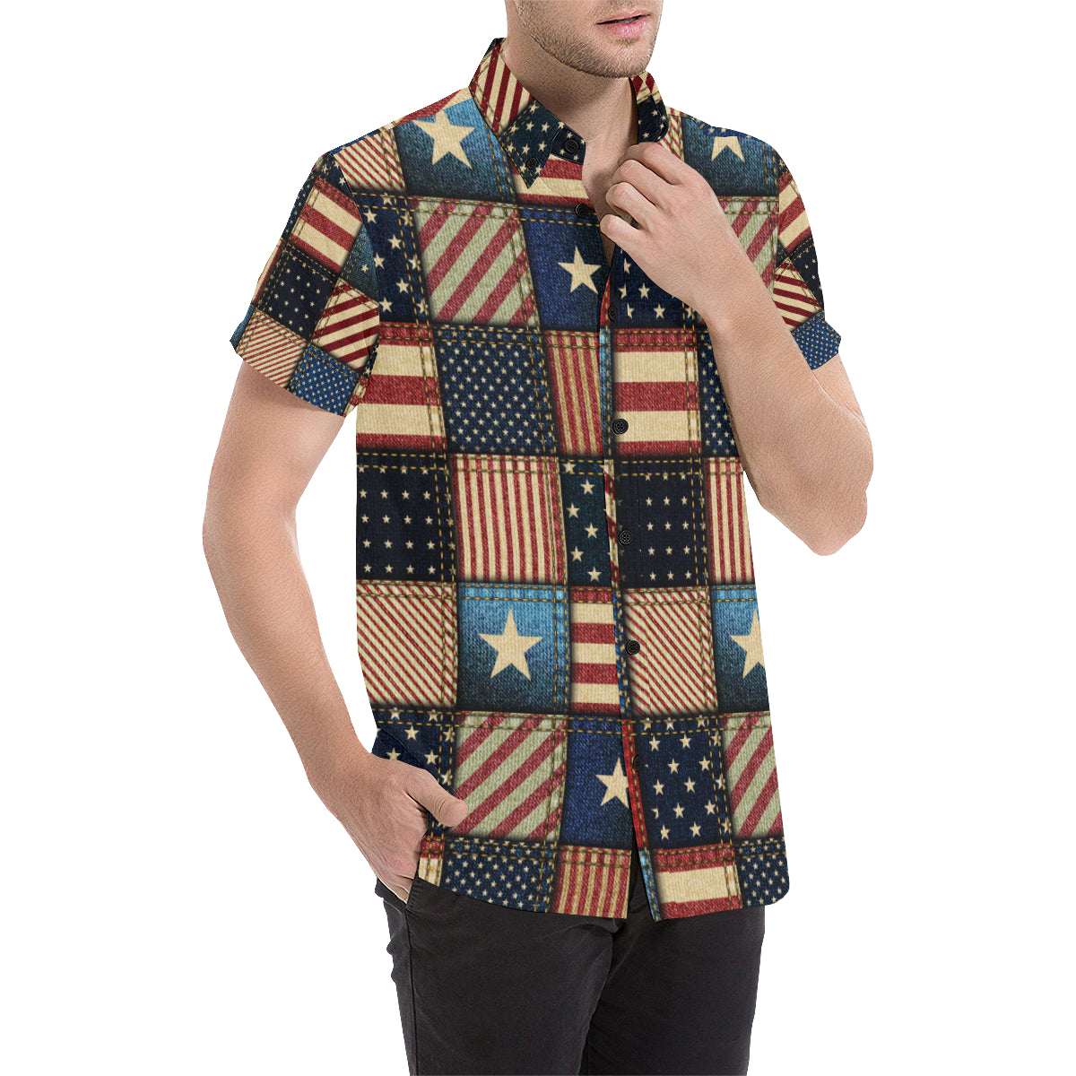 American flag Patchwork Design Men's Short Sleeve Button Up Shirt