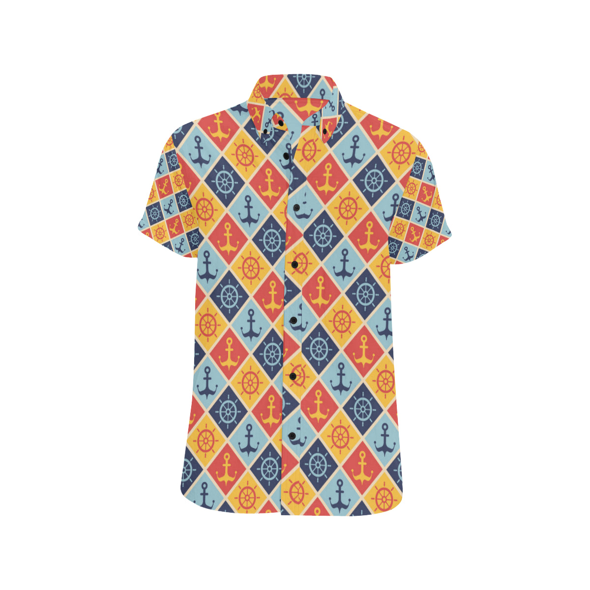 Nautical Pattern Design Themed Print Men's Short Sleeve Button Up Shirt