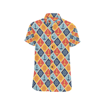 Nautical Pattern Design Themed Print Men's Short Sleeve Button Up Shirt