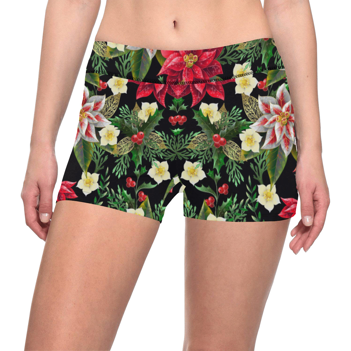 Poinsettia Pattern Print Design POT05 Yoga Shorts