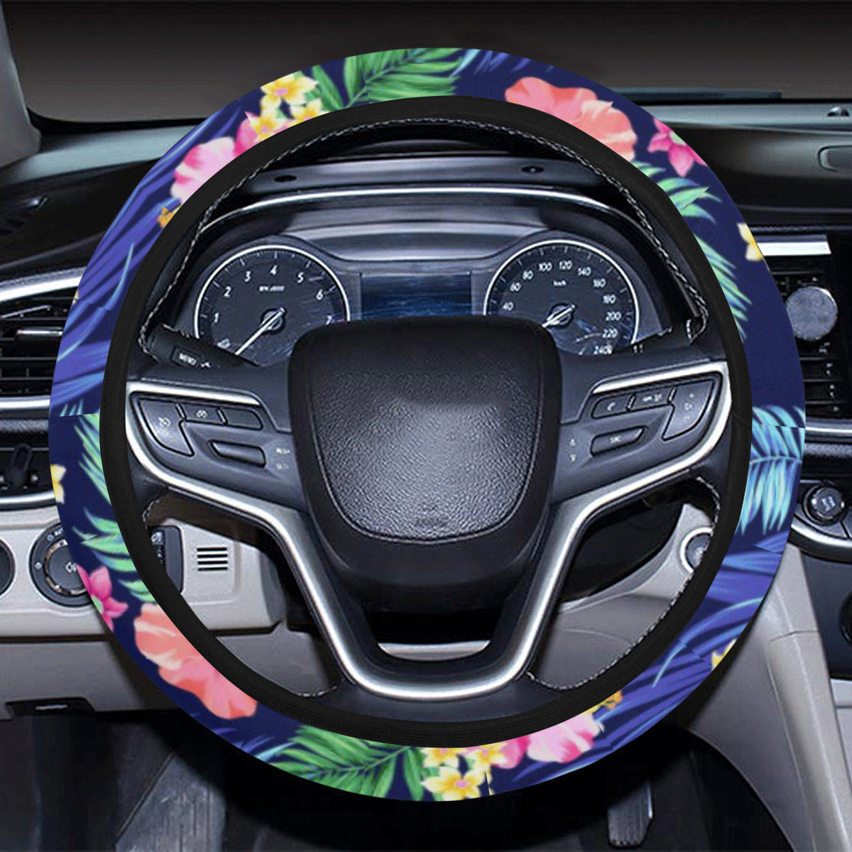 Neon Hibiscus Pattern Print Design HB016 Steering Wheel Cover with Elastic Edge