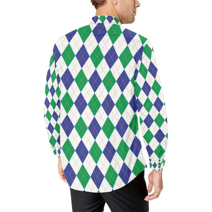 Argyle Green Blue Pattern Print Design 03 Men's Long Sleeve Shirt