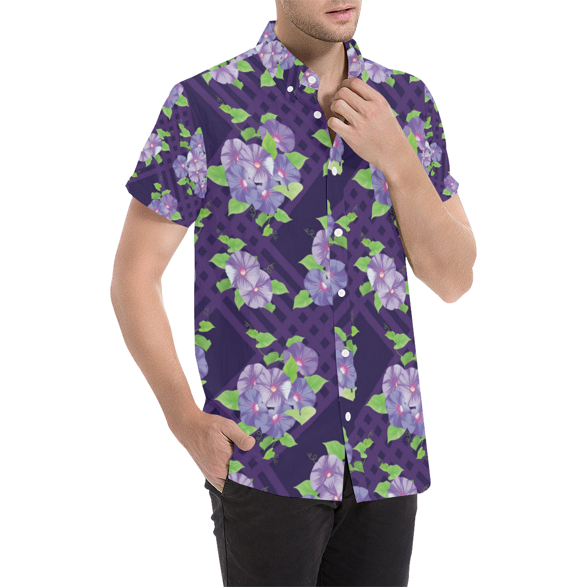 Morning Glory Pattern Print Design MG03 Men's Short Sleeve Button Up Shirt
