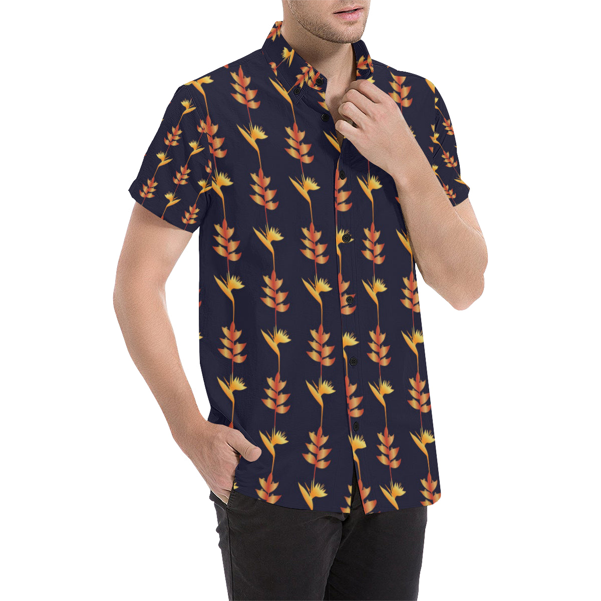 Heliconia Pattern Print Design HL06 Men's Short Sleeve Button Up Shirt