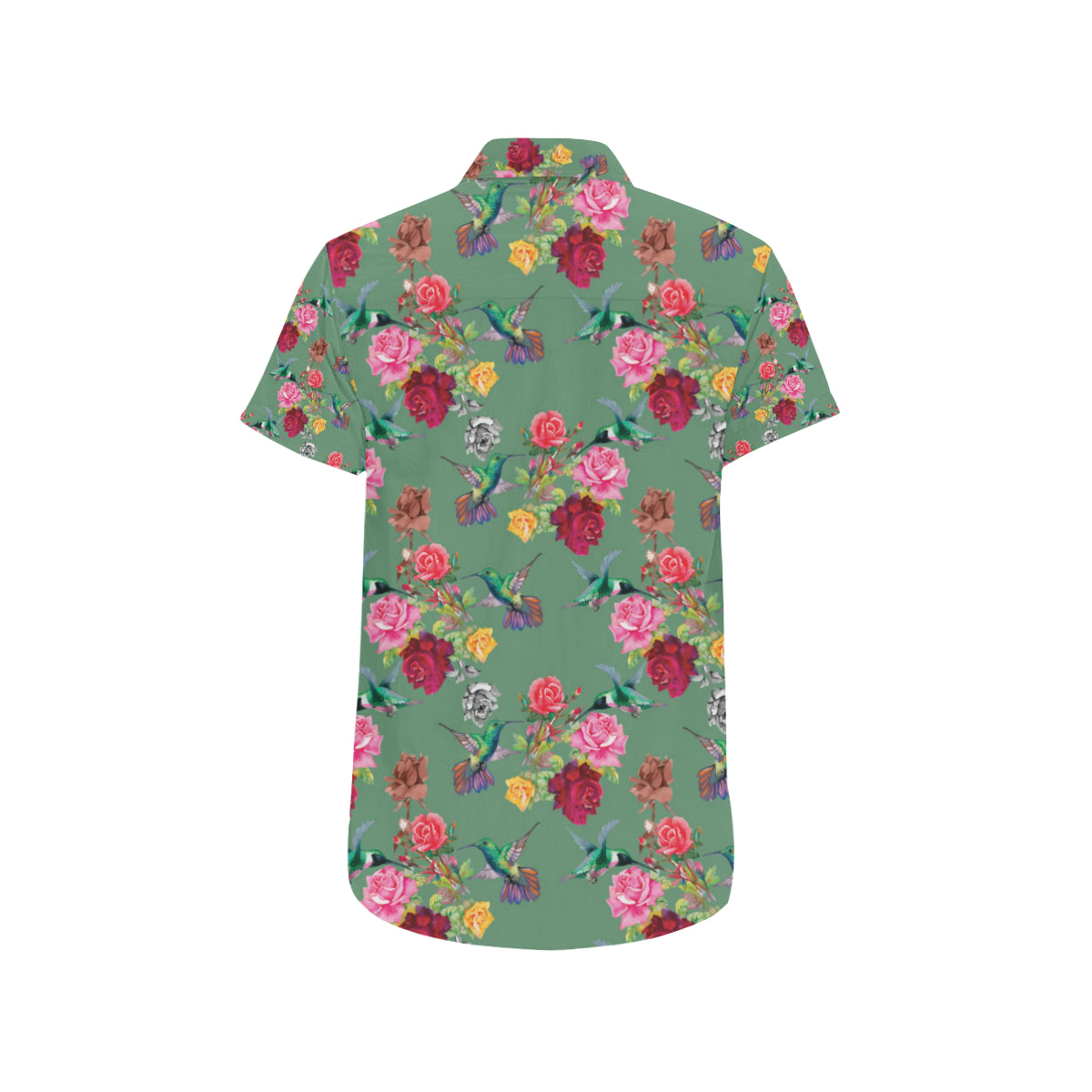 Hummingbird with Rose Themed Print Men's Short Sleeve Button Up Shirt