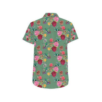 Hummingbird with Rose Themed Print Men's Short Sleeve Button Up Shirt