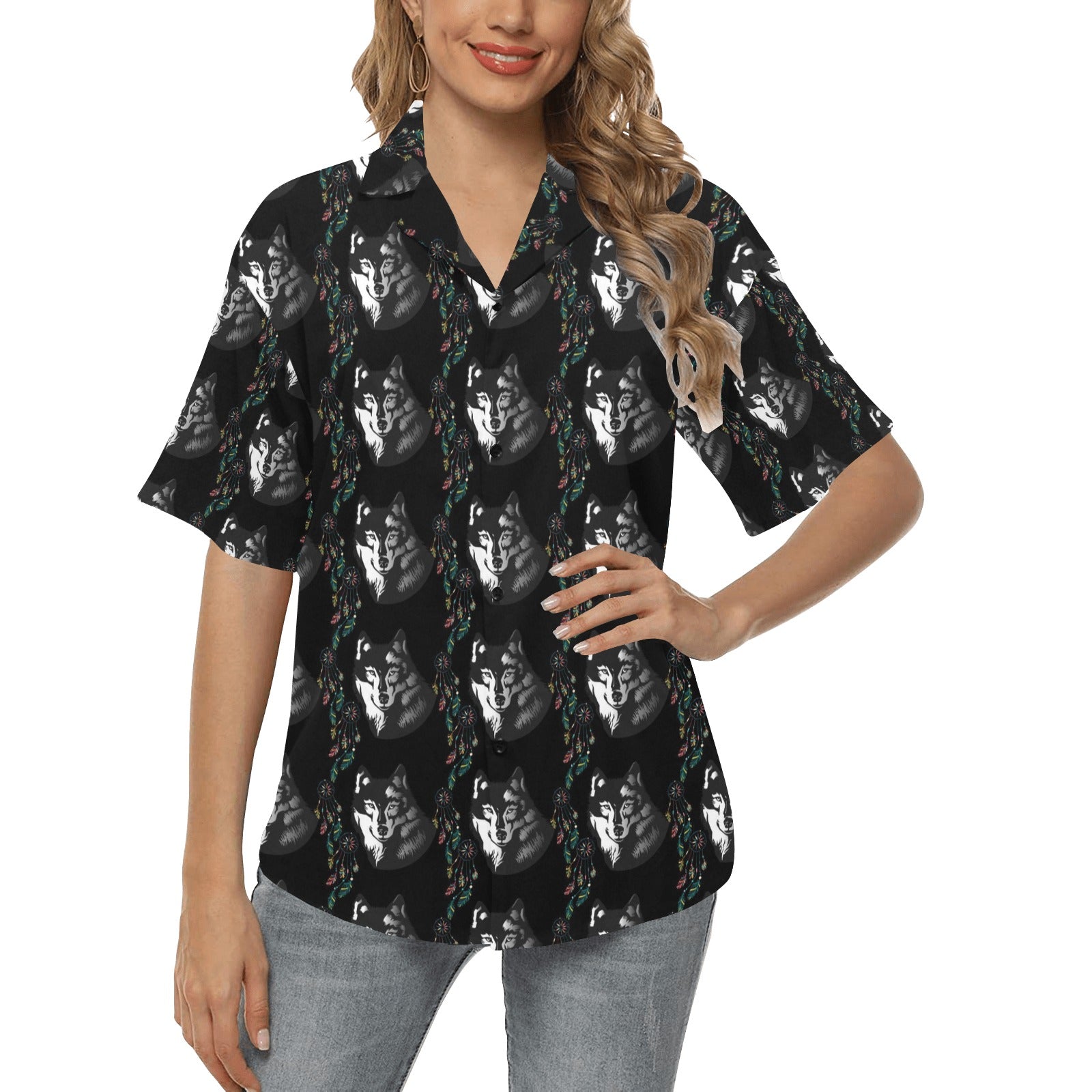 Wolf Black Dream Catcher Design Print Women's Hawaiian Shirt