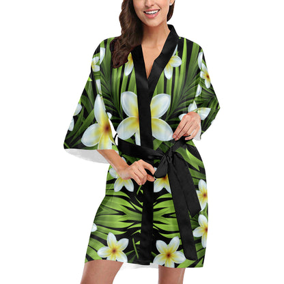 White Plumeria Pattern Print Design PM06 Women Kimono Robe
