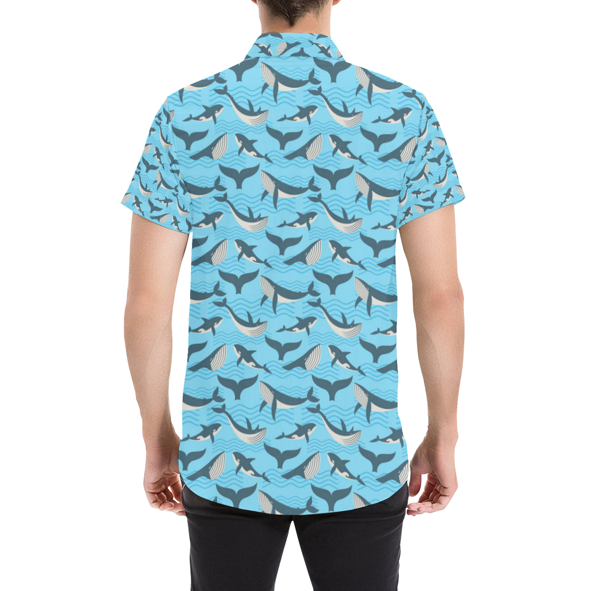Whale Pattern Design Themed Print Men's Short Sleeve Button Up Shirt