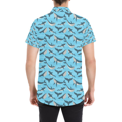 Whale Pattern Design Themed Print Men's Short Sleeve Button Up Shirt