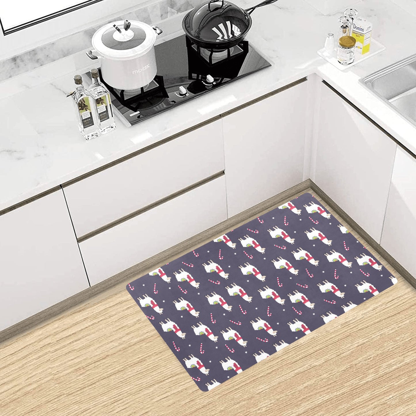 Llama with Candy Cane Themed Print Kitchen Mat