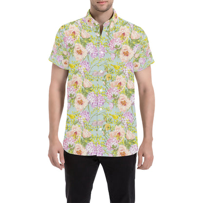 Hydrangea Pattern Print Design HD02 Men's Short Sleeve Button Up Shirt