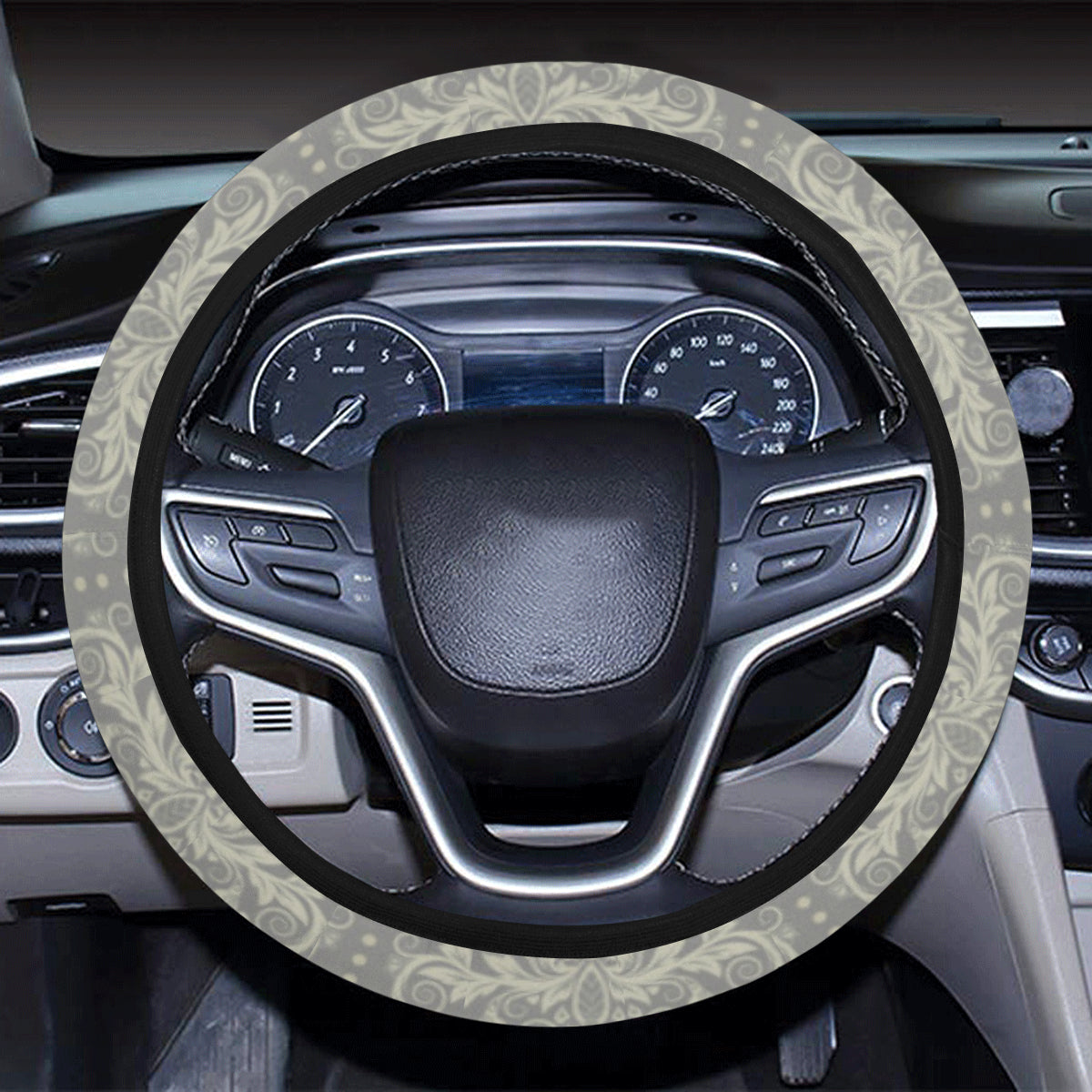 Damask Grey Elegant Print Pattern Steering Wheel Cover with Elastic Edge