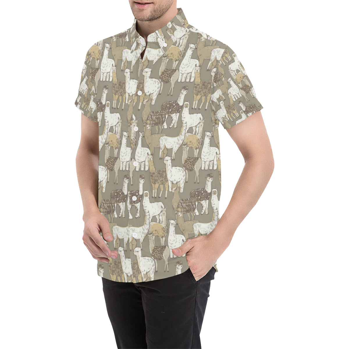 Alpaca Pattern Print Design 01 Men's Short Sleeve Button Up Shirt