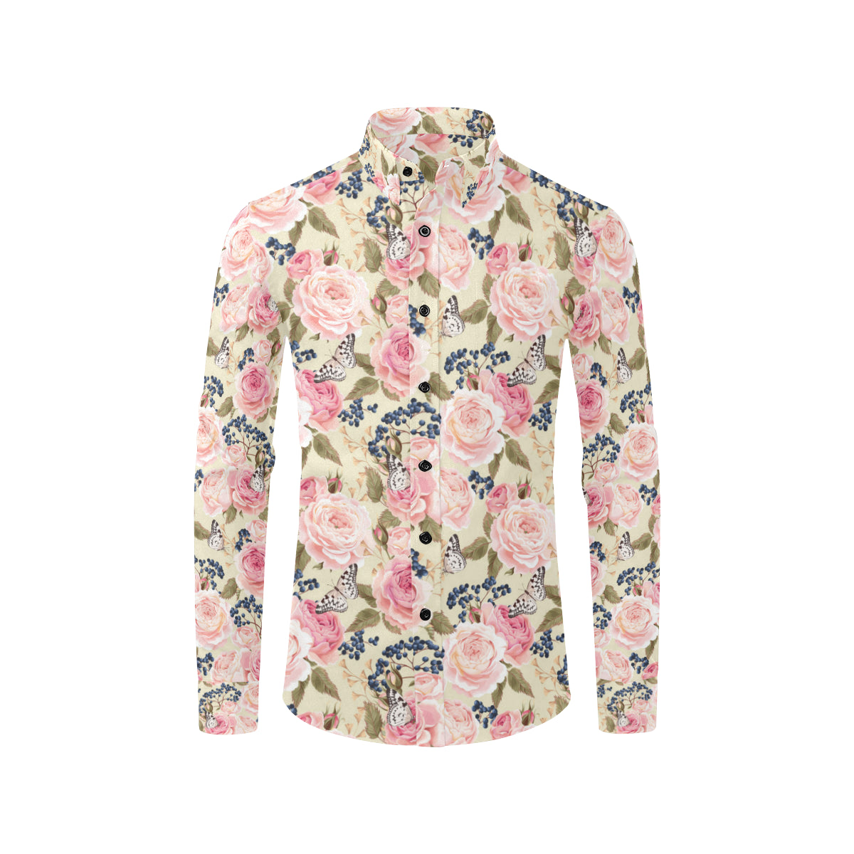 Floral Pink Butterfly Print Men's Long Sleeve Shirt