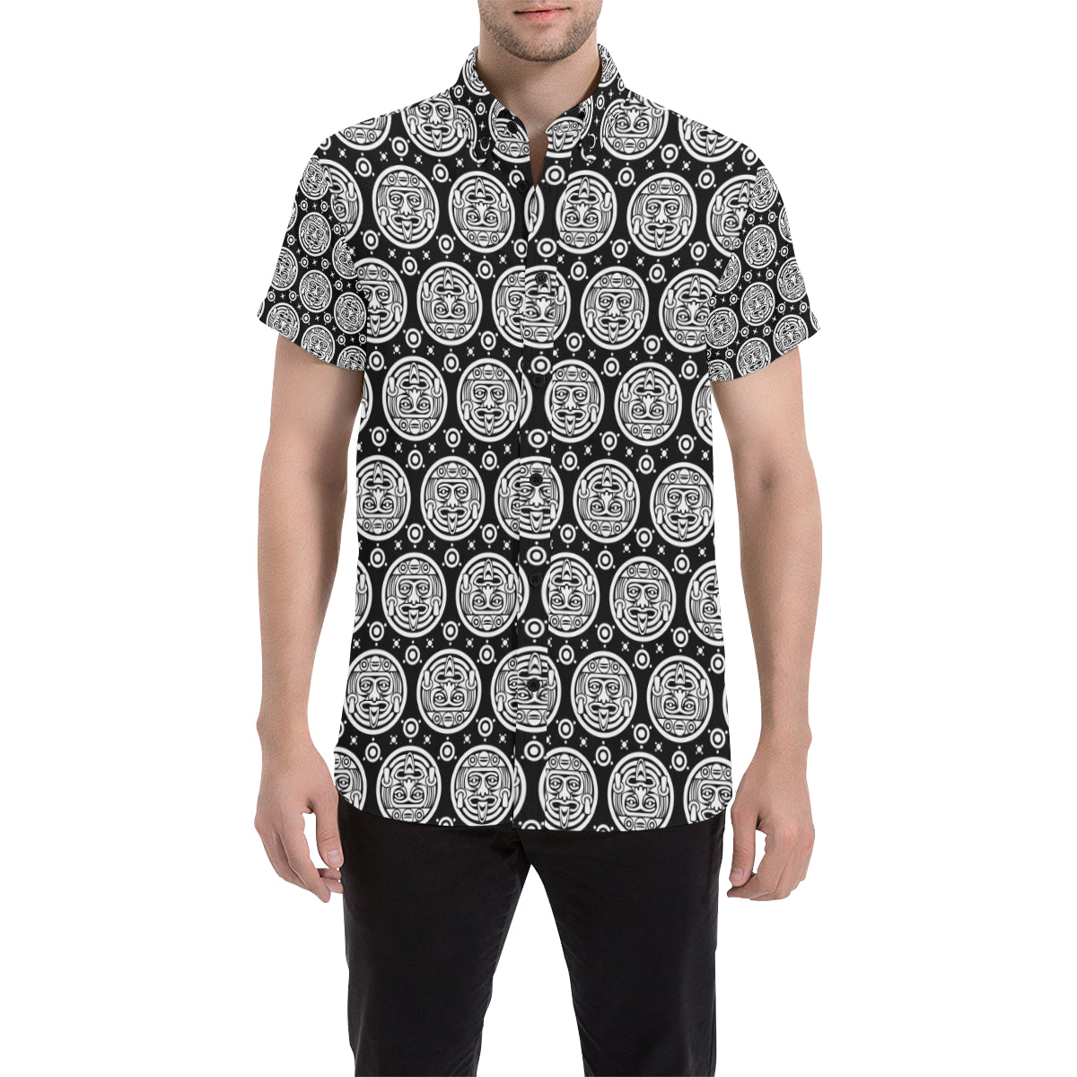 Calendar Aztec White Black Print Pattern Men's Short Sleeve Button Up Shirt