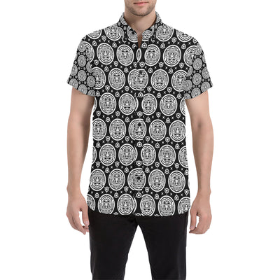 Calendar Aztec White Black Print Pattern Men's Short Sleeve Button Up Shirt