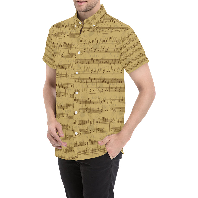 Music Note Vintage Themed Print Men's Short Sleeve Button Up Shirt