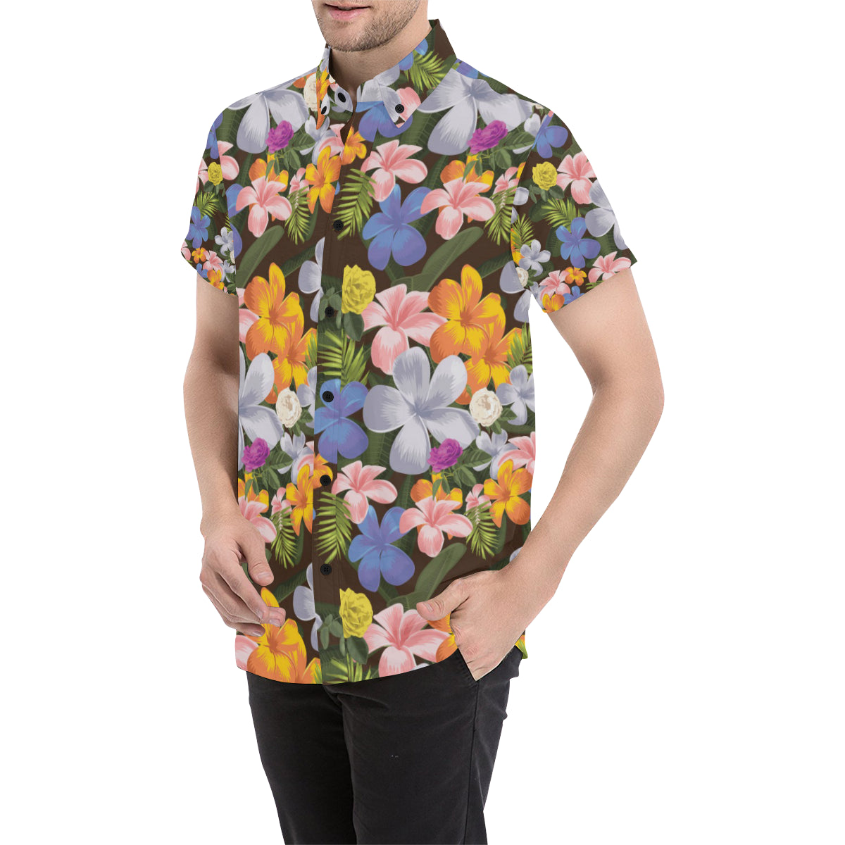 Plumeria Pattern Print Design PM03 Men's Short Sleeve Button Up Shirt