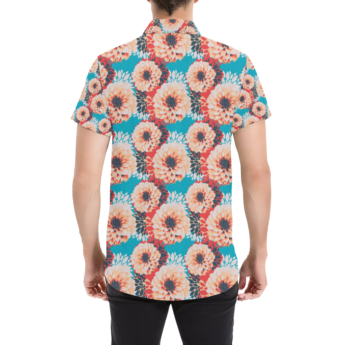 Dahlia Pattern Print Design DH05 Men's Short Sleeve Button Up Shirt