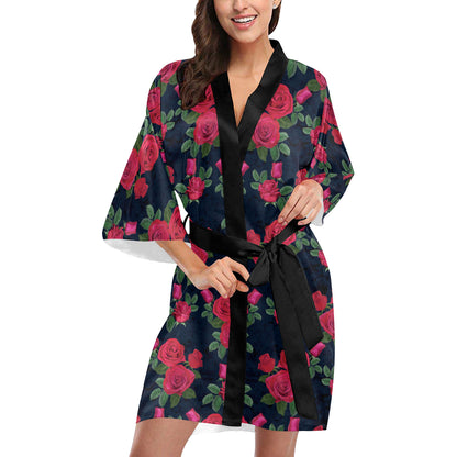 Rose Pattern Print Design A04 Women's Short Kimono