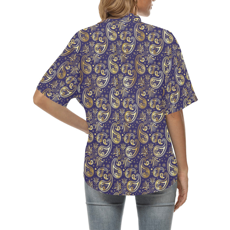Paisley Blue Yellow Design Print Women's Hawaiian Shirt
