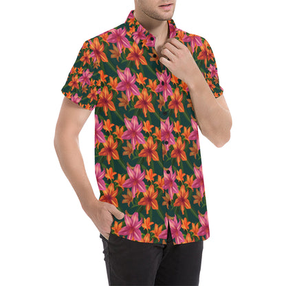 Amaryllis Pattern Print Design AL01 Men's Short Sleeve Button Up Shirt